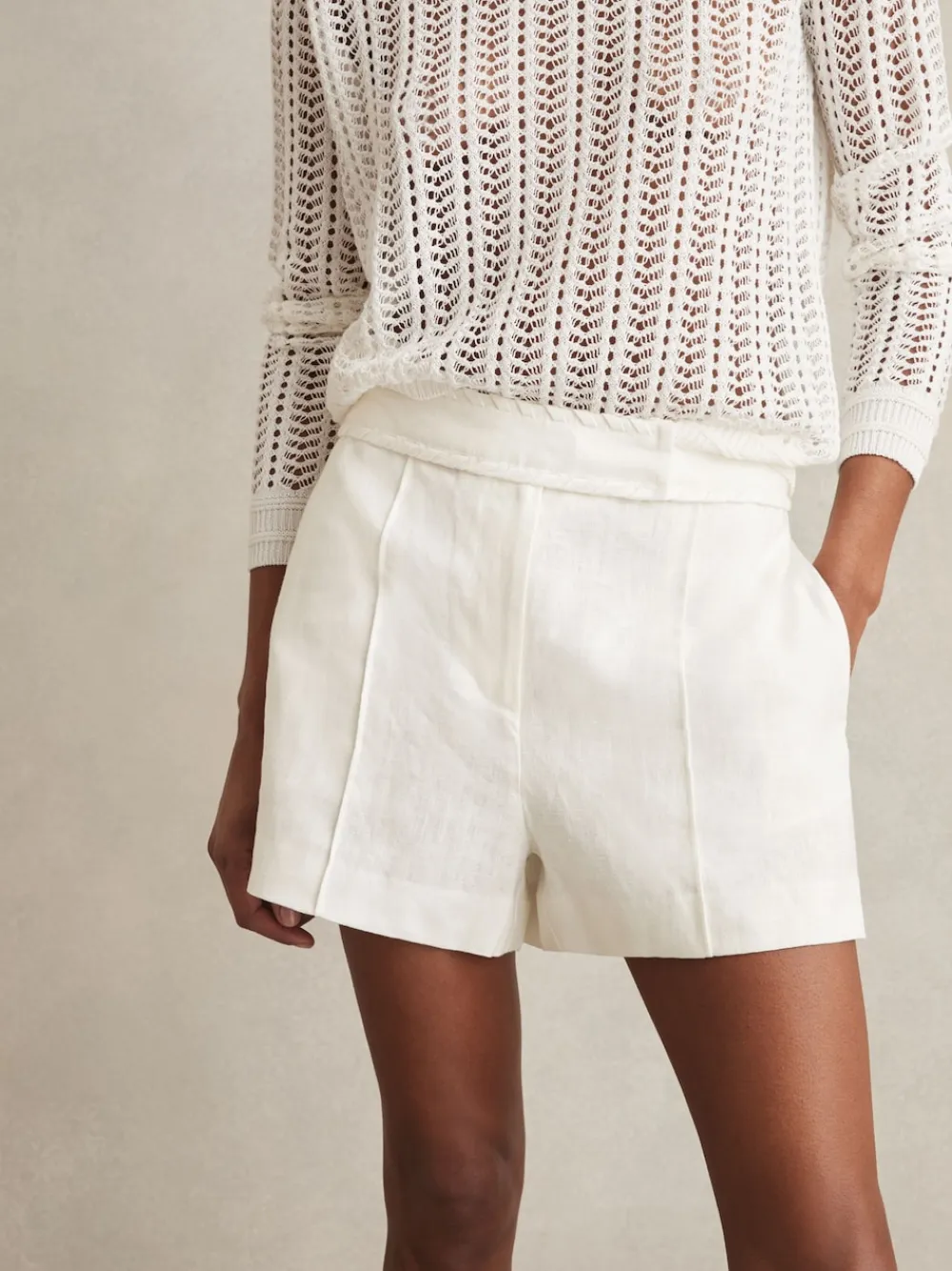 Reiss Fawn Linen Whipstitch Shorts White New