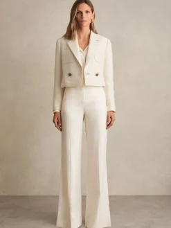 Reiss Mia Double-Breasted Textured Cropped Blazer with Wool and Cotton White Online