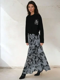 Religion Black Citrine Tiered Maxi Skirt In Dark Abstract Print Best