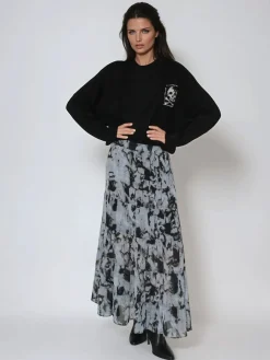 Religion Black Citrine Tiered Maxi Skirt In Dark Abstract Print Best
