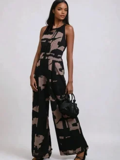 Religion Crew Wide Leg Jumpsuit in Abstract Façade Print Black Sale