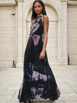 Religion Black Florence Halterneck Maxi Dress With Sash Detail In Dark Floral Hot