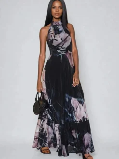 Religion Black Florence Halterneck Maxi Dress With Sash Detail In Dark Floral Hot
