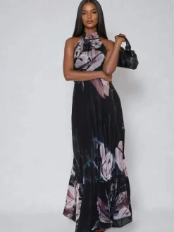 Religion Black Florence Halterneck Maxi Dress With Sash Detail In Dark Floral Hot