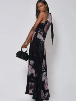 Religion Black Florence Halterneck Maxi Dress With Sash Detail In Dark Floral Hot