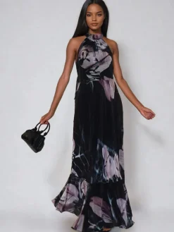 Religion Black Florence Halterneck Maxi Dress With Sash Detail In Dark Floral Hot