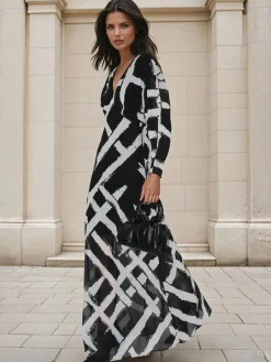 Religion Black Lily Column Bias Cut Maxi Dress In Abstract Monochrome Stripe Print Discount