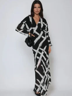 Religion Black Lily Column Bias Cut Maxi Dress In Abstract Monochrome Stripe Print Discount