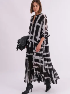 Religion Black Sunset Maxi Shirt Dress With A Tiered Boho Style Skirt In Abstract Prints Clearance