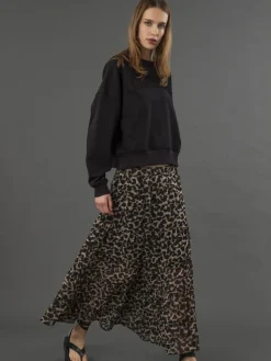 Religion Black Tiered Boho Style Citrine Maxi Skirt In Leopard Animal Print Discount