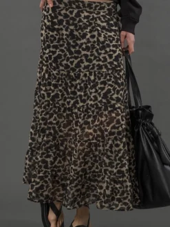 Religion Black Tiered Boho Style Citrine Maxi Skirt In Leopard Animal Print Discount