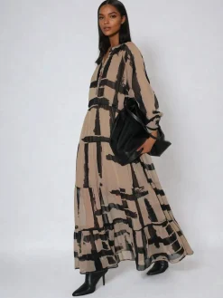 Religion Brown Loose Zoe Maxi Dress In Bold Selvage Black Stripe On Caramel New