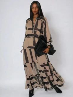 Religion Brown Loose Zoe Maxi Dress In Bold Selvage Black Stripe On Caramel New