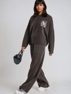 Religion Luscious Knitted Quiet Luxury Joggers with Skull & Crossbone Jacquard Brown Best