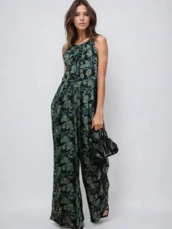 Religion Crew Wide Leg Jumpsuit in Abstract Façade Print Green Outlet