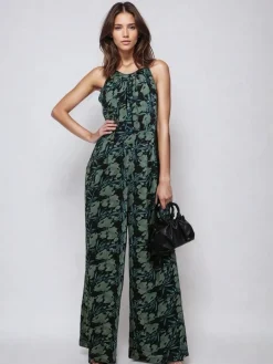 Religion Crew Wide Leg Jumpsuit in Abstract Façade Print Green Outlet