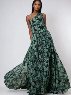 Religion One Shoulder Maxi Dress With Full Skirt Green Outlet