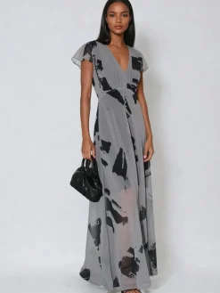 Religion Grey Indium Maxi Tea Dress With Feminine Button Detail In Abstract