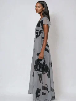 Religion Grey Indium Maxi Tea Dress With Feminine Button Detail In Abstract
