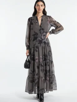 Religion Grey Stephanie Maxi Boho Tiered Dress In Taupe Floral Print Hot