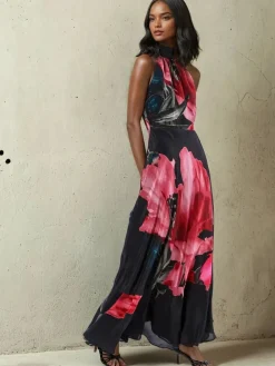 Religion Valeria Column Maxi Dress With Large Floral Print Pink Outlet