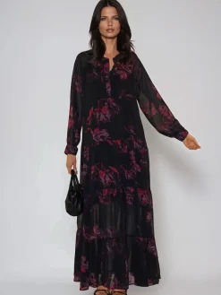 Religion Red Zoe Tiered Maxi Boho Dress With Tiered Skirt In Dark Floral Clearance