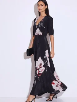 Religion Short Sleeved Diana Maxi Tea Dress With Large Rose Placement Print In Cupro Rose Pink Best