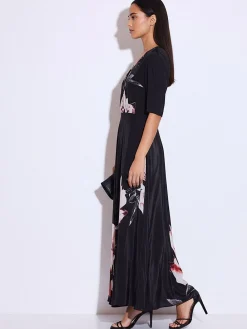 Religion Short Sleeved Diana Maxi Tea Dress With Large Rose Placement Print In Cupro Rose Pink Best