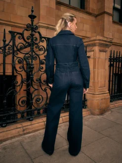 Next Rinse Blue Denim Belted Wide Leg Jumpsuit Sale