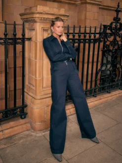 Next Rinse Blue Denim Belted Wide Leg Jumpsuit Sale