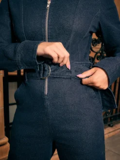 Next Rinse Blue Denim Belted Wide Leg Jumpsuit Sale