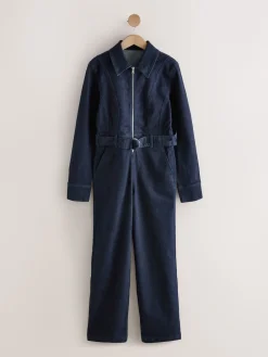 Next Rinse Blue Denim Belted Wide Leg Jumpsuit Sale