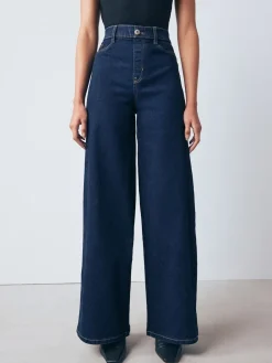 Next High Rise FlexiFit Stretch Pull On Wide Leg Jeans Rinse Blue New