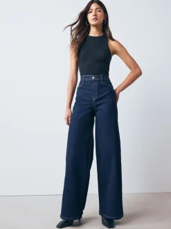 Next High Rise FlexiFit Stretch Pull On Wide Leg Jeans Rinse Blue New