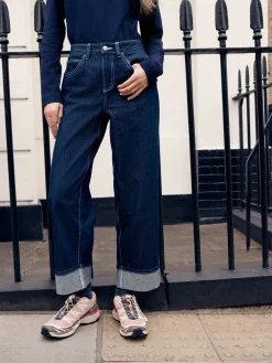 Next Boyfriend Wide Leg Mid Rise Turn Up Jeans Rinse