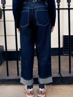 Next Boyfriend Wide Leg Mid Rise Turn Up Jeans Rinse