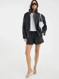 River Island Black Elasticated Faux Leather Shorts Hot