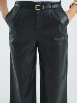 River Island Black Faux Leather Belted Wide Leg Trousers Outlet