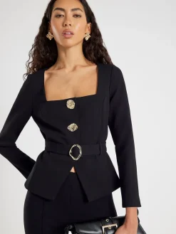 River Island Black Long Sleeve Belted Button Detail Blazer Online