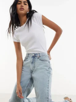 River Island Blue Relaxed Straight Raw Hem Leg Jeans Online