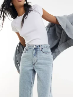 River Island Blue Relaxed Straight Raw Hem Leg Jeans Online