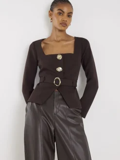 River Island Brown Long Sleeve Square Neck Belted Blazer Sale