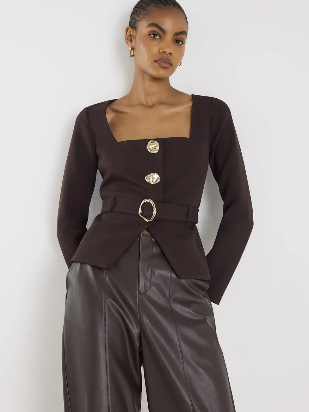 River Island Brown Long Sleeve Square Neck Belted Blazer Sale