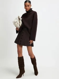 River Island Brown Suedette Button Pleated Mini Skirt Clearance