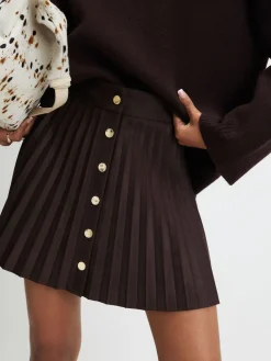River Island Brown Suedette Button Pleated Mini Skirt Clearance