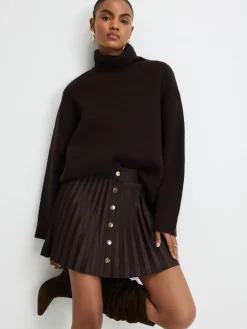 River Island Brown Suedette Button Pleated Mini Skirt Clearance