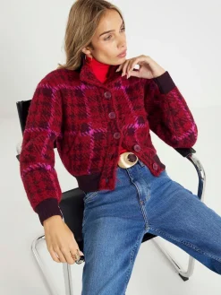 River Island Red Knitted Check Bomber Jacket