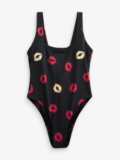Rockett St George Black Lips Print High Leg Swimsuit