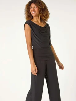 Roman Black Cowl Neck Ruched Stretch Jumpsuit Clearance
