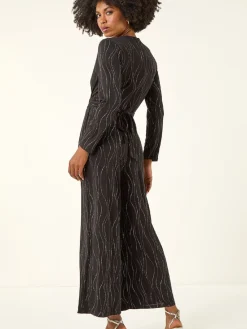 Roman Black Embellished Wide Leg Stretch Jumpsuit Discount